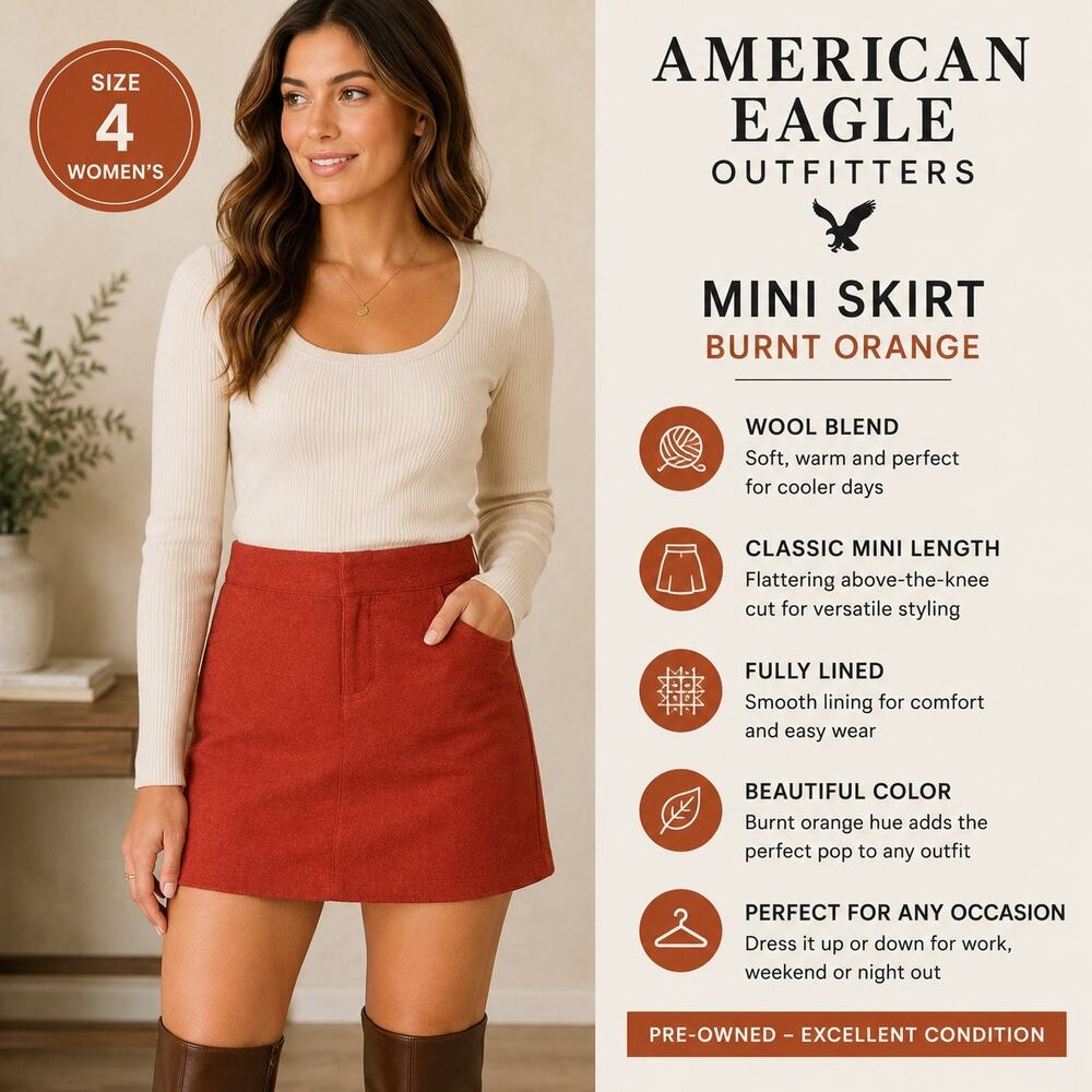 American Eagle Womens Mini Skirt Wool Blend Lined Burnt Orange Rust Size 4